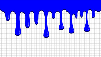 Blue dripping ink illustration. Melting ink on grid paper. Blue paint drip on square grid paper. Dripped blue ink on grid paper. Dripping blue ink illustration. 