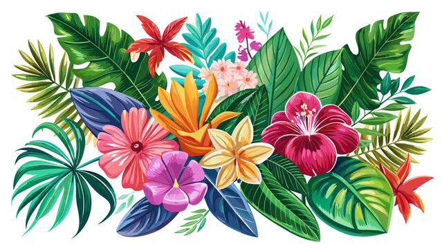 Very beautiful collection of vibrant tropical flowers and lush green leaves illustrated in watercolor, isolated on a clean white background to create fresh, elegant, and versatile elements for creativ