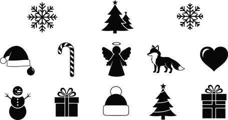Christmas and winter icons, festive silhouette set, holiday symbols, snowflakes, Santa, angel, gift, snowman, heart, fox, tree