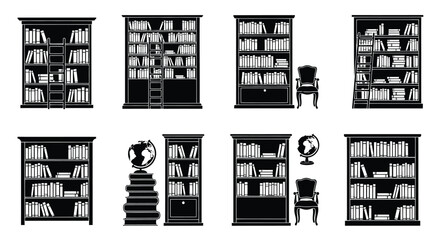 Black and white illustration of bookshelves chairs and decorative objects © MK2.00
