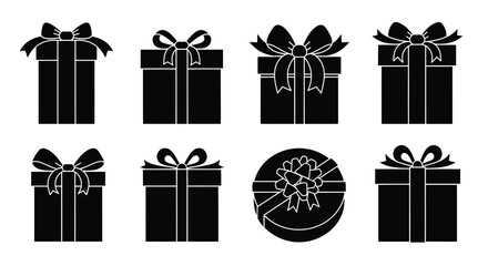 A collection of black and white gift boxes with bows arranged in a grid