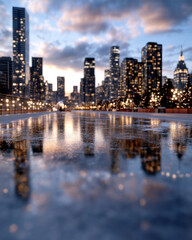 Fototapeta premium A stunning city skyline glows during sunset, reflected in the shimmering ice rink below, integrating urban beauty with the enchanting winter charm.