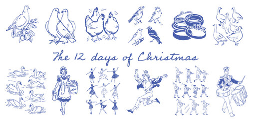 Hand drawn sketch illustration of the twelve days of christmas song
