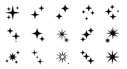 A collection of black starbursts and sparkles on a white background