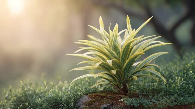 A vibrant, variegated plant thrives amidst a serene natural setting, its striking green and yellow striped leaves illuminated by soft, warm sunlight filtering through the upper left. The intricate pat