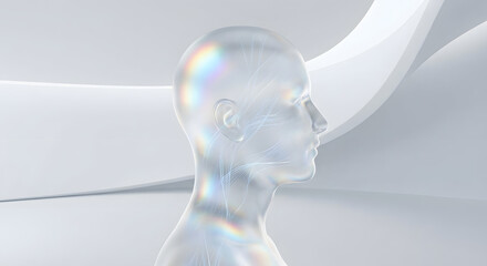 Obraz premium Double Exposure of Frosted Glass Human Profile Glowing with Prismatic Light and Subtle Data Streams, Clean AI Concept