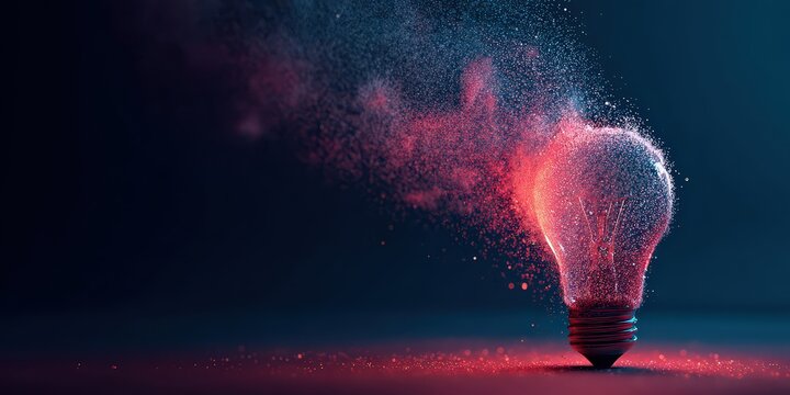 Abstract Light Bulb Emerging From Particles on Dark Blue Background