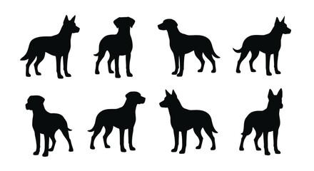 Diverse silhouettes of various dog breeds standing in different poses