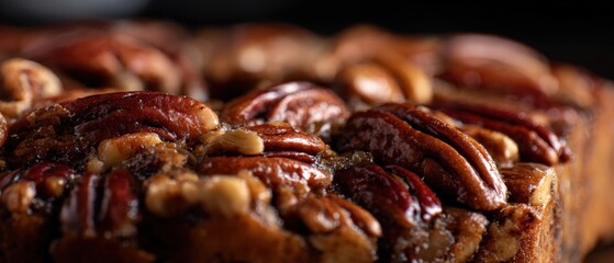 Closeup of delicious pecan pie with a rich, gooey caramel glaze, showcasing the texture and warmth of a homemade dessert Concept of baking, indulgence, and sweet treats