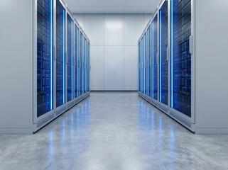 Symmetrical Aisle in Modern Data Center with Two Rows of Glowing Blue Server Racks and Blinking Lights Reflected on Polished Concrete Floor