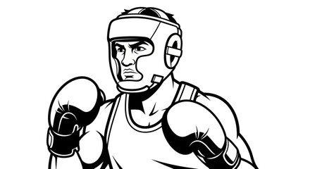 Monochrome illustration of a determined boxer in full gear.