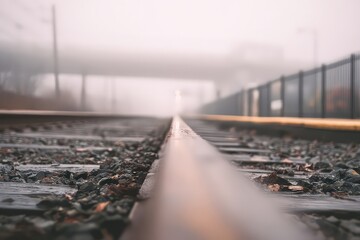 Foggy Railroad Tracks Stretching into Distance with Metal Rails and Gravel Surface under Overpass on Overcast Day