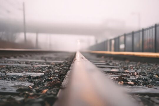Foggy Railroad Tracks Stretching into Distance with Metal Rails and Gravel Surface under Overpass on Overcast Day - Powered by Adobe