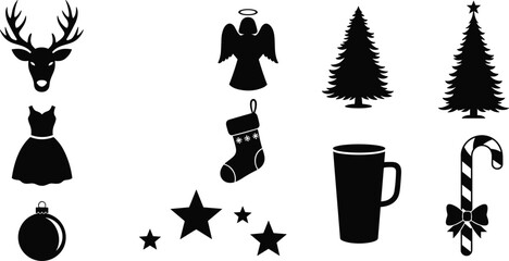 Christmas silhouette icons set, festive holiday symbols, reindeer, angel, tree, candy cane, mug, ornament, stars, stocking, winter elements