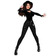 Fototapeta premium 3D rendered cartoon-style female character wearing an all-black fashionable outfit, isolated on a transparent background.