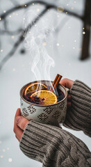 Hands holding a cup of hot drink for winter or Christmas