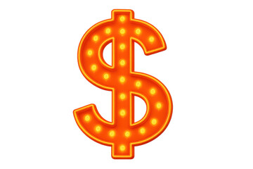 Fototapeta premium Dollar sign flashing light bulb marquee symbol with glowing orange retro casino style, transparent background