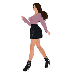 3D rendered cartoon-style female character wearing a mauve off-shoulder sweater, black pleated skirt, and black ankle boots, standing in a confident pose, isolated on a transparent background.