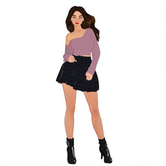 3D rendered cartoon-style female character wearing a mauve off-shoulder sweater, black pleated skirt, and black ankle boots, standing in a confident pose, isolated on a transparent background.