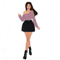 3D rendered cartoon-style female character wearing a mauve off-shoulder sweater, black pleated skirt, and black ankle boots, standing in a confident pose, isolated on a transparent background.