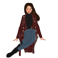 3D rendered cartoon-style female character wearing a long red plaid coat, black turtleneck sweater, blue jeans, and black ankle boots, isolated on transparent background