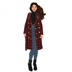 3D rendered cartoon-style female character wearing a long red plaid coat, black turtleneck sweater, blue jeans, and black ankle boots, isolated on transparent background