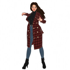 3D rendered cartoon-style female character wearing a long red plaid coat, black turtleneck sweater, blue jeans, and black ankle boots, isolated on transparent background