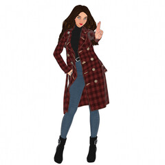 3D rendered cartoon-style female character wearing a long red plaid coat, black turtleneck sweater, blue jeans, and black ankle boots, isolated on transparent background