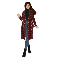 3D rendered cartoon-style female character wearing a long red plaid coat, black turtleneck sweater, blue jeans, and black ankle boots, isolated on transparent background