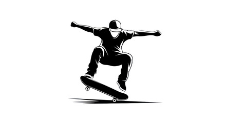 Obraz premium Skateboarder performing an aerial trick silhouette against white background dynamic action.