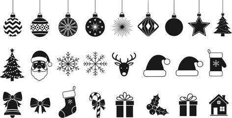 Black and white Christmas icon set, festive symbols, ornaments, Santa, snowflakes, gifts, reindeer, tree, stocking, vector graphic