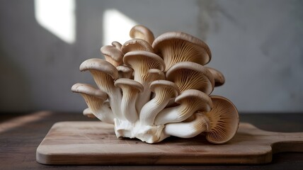 Fresh Cluster of Oyster Mushrooms on a Wooden Cutting Board