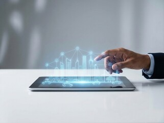 Businessman's hand interacts with tablet displaying smart city hologram: connected buildings, solar panels, wind turbines, electric cars, for future urban planning and sustainable technology.
