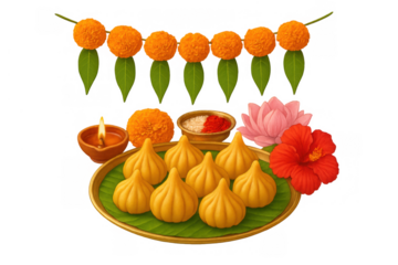 Ganesh chaturthi puja offerings with modak sweets, marigold garland, diya, lotus, hibiscus on transparent background