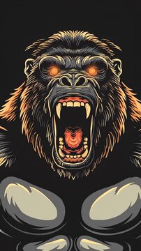 A fierce gorilla with glowing orange eyes and bared fangs roars intensely, depicted in a detailed illustration against a dark background.