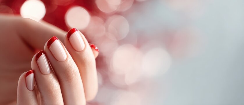 Elegant womans hand showcasing a festive red French tip manicure against a soft, blurred bokeh background Concept of beauty, nail care, and holiday style