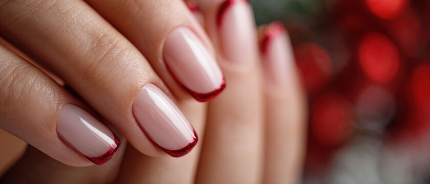 Womans hand with elegant french manicure with red glitter tips Concept of beauty, nail care, and festive holiday style