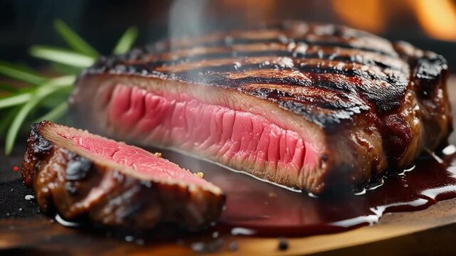 A succulent medium-rare steak with charred grill marks and tender pink center