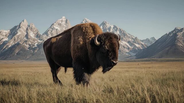 Majestic Bison Roaming Freely in a Scenic Mountain Landscape