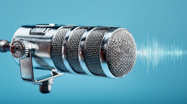 Metallic Microphone with Animated Audio Waveform Displayed Against Blue Background - Powered by Adobe