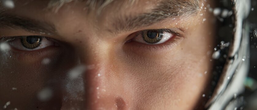 Intense closeup of young adult mans eyes with water droplets, conveying determination and focus in challenging conditions Concept of resilience, strength, and perseverance