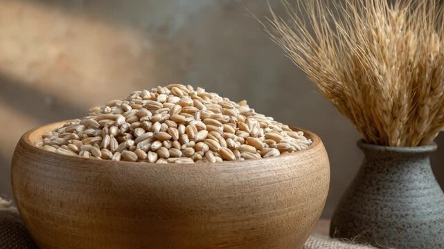 A visually appealing still life featuring natural whole wheat grains meticulously arranged in a rustic wooden bowl, set alongside a textured ceramic vase holding dried wheat stalks or ears. The compos