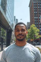 Confident portrait of a man standing outdoors in a modern city environment, natural light highlighting calm expression and urban background details