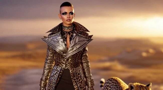 mulher futurista com guepardo caminhando no deserto ao por do sol