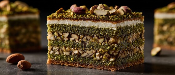 Gourmet layered pistachio baklava dessert with crunchy nuts and creamy filling on a dark background An appetizing Middle Eastern sweet treat, perfect for indulgence