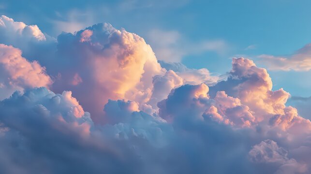 Scenic Sky View of Soft Clouds with Golden Light Illuminating Fluffy Cumulus and Cirrus in Pale Blue Sky at Sunset for Serene Dreamy Ambiance