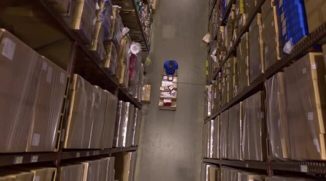 trabalhador em deposito organizando caixas visto de cima