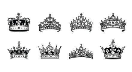 A collection of ornate royal crowns in black and white illustration © HN2.00