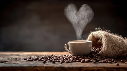 Steaming Coffee Cup with Heart Shaped Vapor Pouring Out on Rustic Wooden Surface