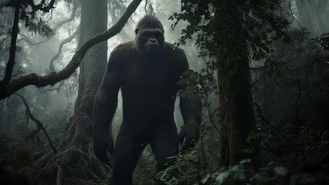 Majestic Bigfoot Stalks Misty Forest: Mysterious Creature Encounter